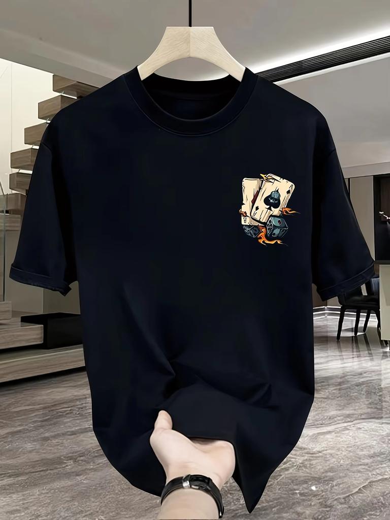 Herren Sommer Modisch Lässig Locker Kreatives Poker und Würfel Gedrucktes Sport Rundhals Kurzarm T-Shirt