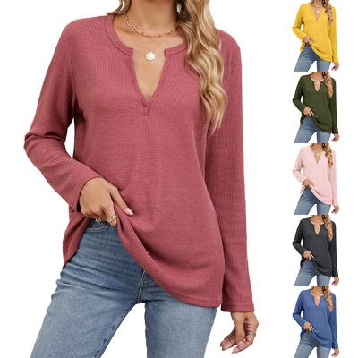 2024 Spring And Autumn Loose V-Neck Long Sleeved Solid Color Casual T-Shirt Top For Women