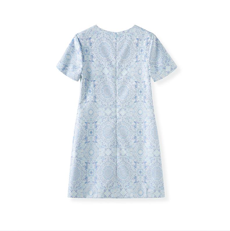 Chinese Gold Silk Jacquard A-Line Dress: Elegant Short Sleeve, Slimming, High Quality Women's Summer Style