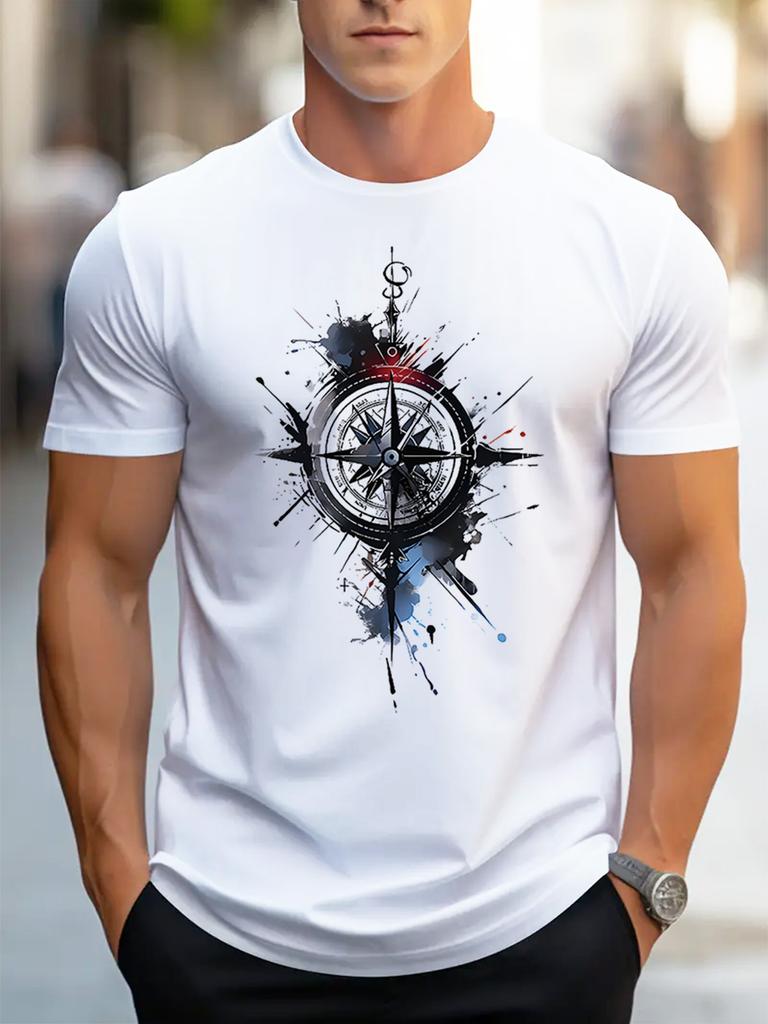 Men Casual Short Sleeve TShirt with Compass Print Breathable Polyester Round Neck Tee Machine Washable Lightweight Summer Top
