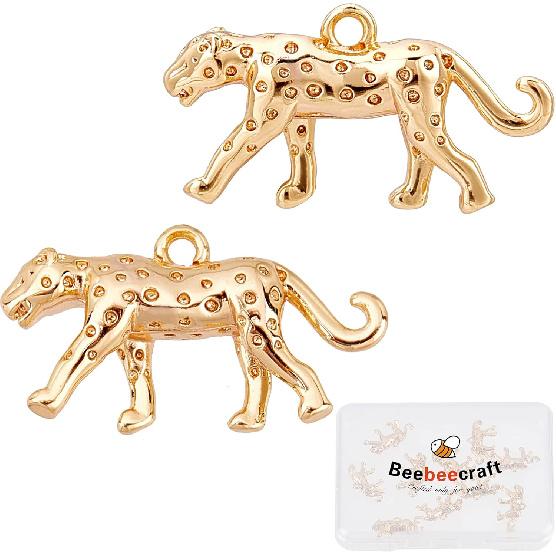 Beebeecraft 1 Box 10Pcs 18K Gold Plated Leopard Cheetah Charms Small Three Dimensional Animal Brass Jewelry Findings with Hoop for DIY Necklace