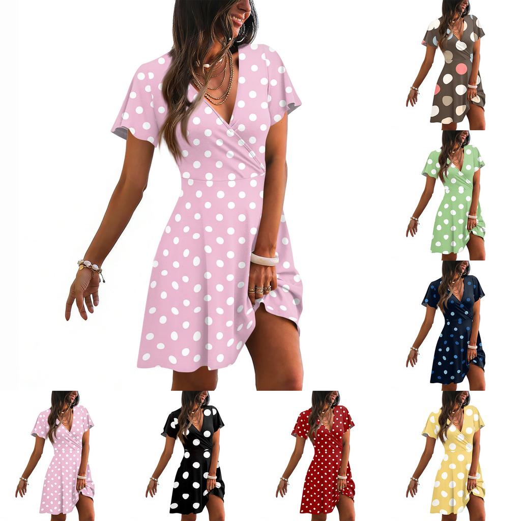 Women's Casual V Neck Short Sleeve Dress Polka Dot Print Wrap Style Above Knee Length Summer Dress for Daily Wear