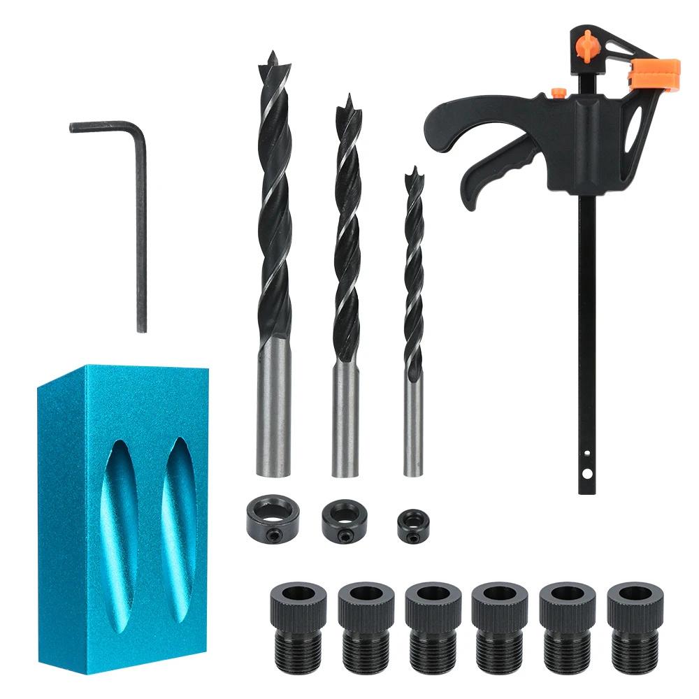 7/14/15Pcs 15 Degrees Pocket Hole Jig Kit Woodworking Hole Drilling Guide Locator With Drill Bit Set Hole Puncher