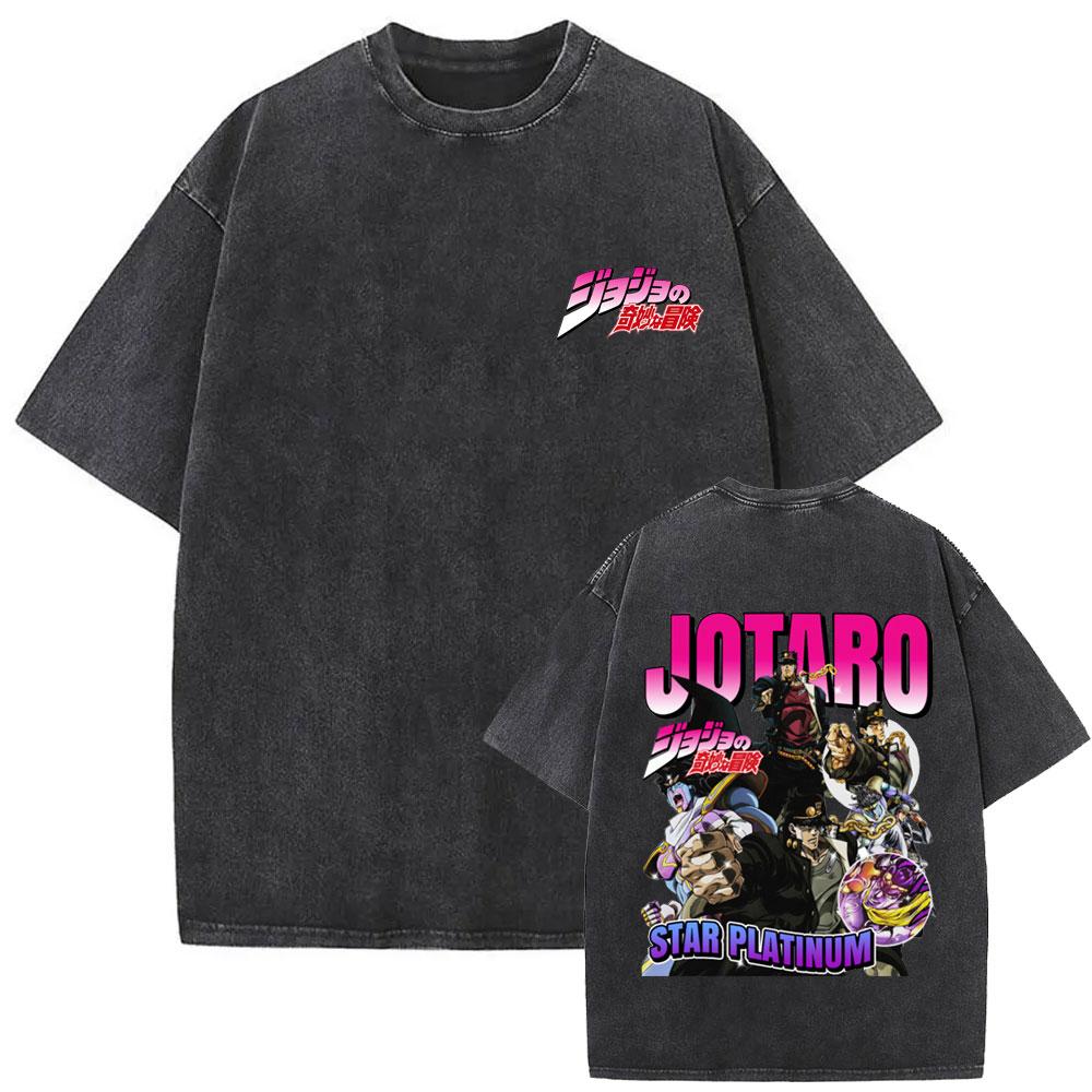 Anime JoJo's Bizarre Adventure Jolyne Washed Vintage T-shirt Summer Men Women Manga Casual Cotton Crewneck Short Sleeve T Shirt