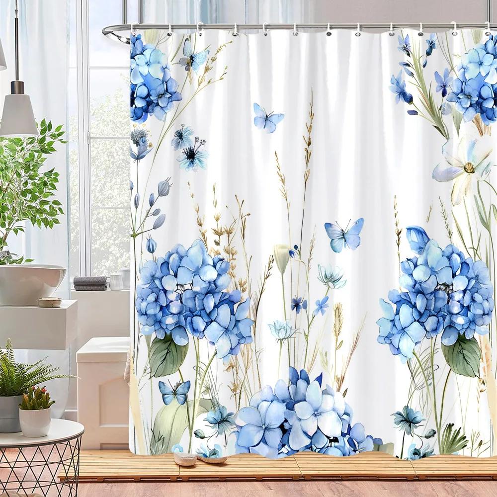 Beautiful Watercolour Botanical Floral Shower Curtain Pink Blue Floral Home Polyester Shower Curtains Bathroom Decor with Hooks