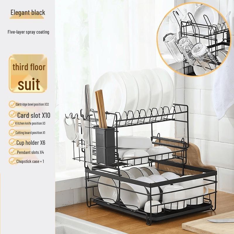 cmaos 3-Tier Carbon Steel Dish Drying Rack with Drain Tray