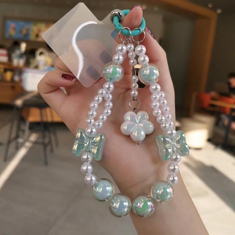 Mobile Phone Lanyard Short Style Wrist Pendant Pearl Chain Bow Flower Pendant Decoration Universal Phone Case Anti Loss Lanyard