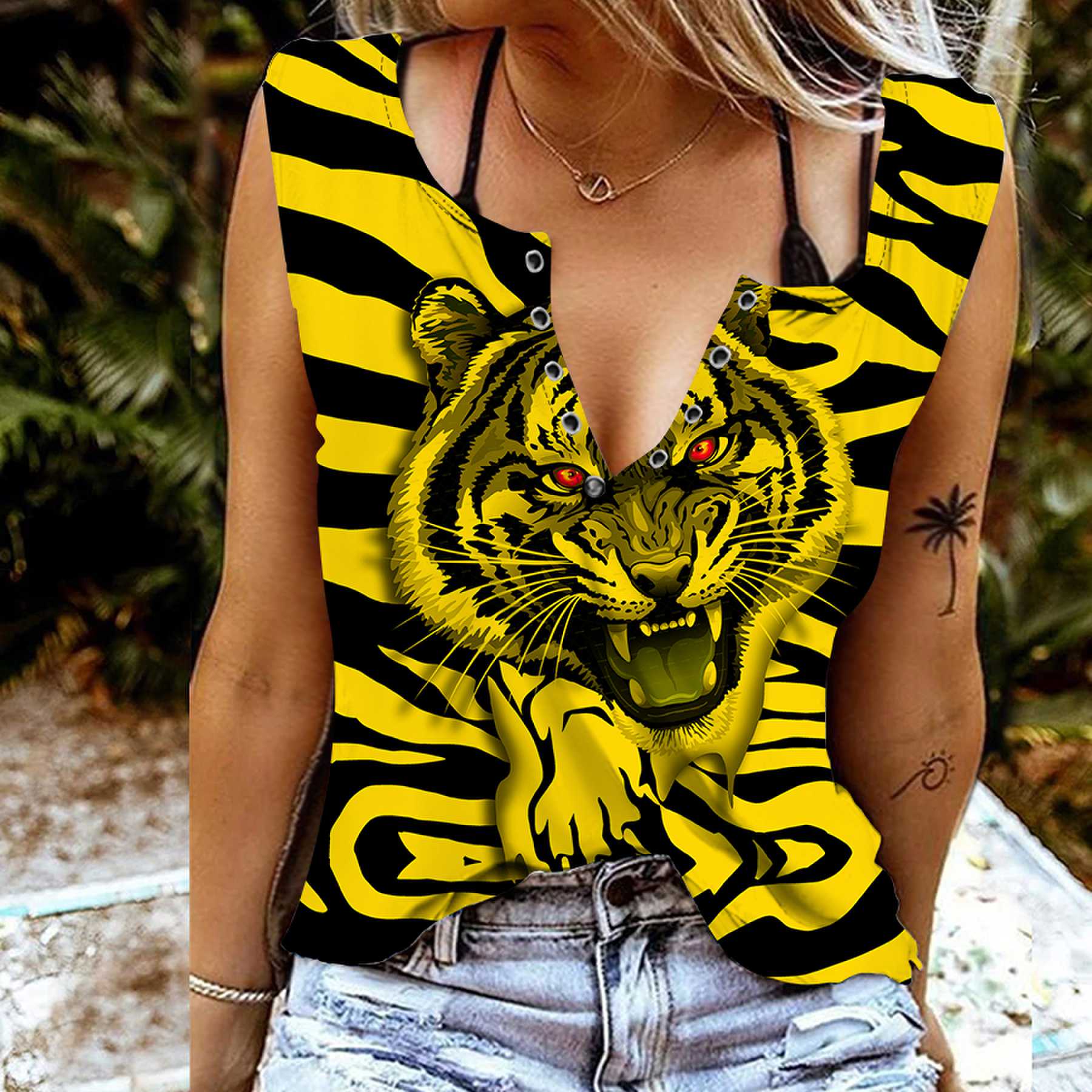 

Женские майки, сексуальные летние топы без рукавов с v-образным вырезом, жилет с 3D принтом свирепого тигра, крутые легкие топы L жёлтый