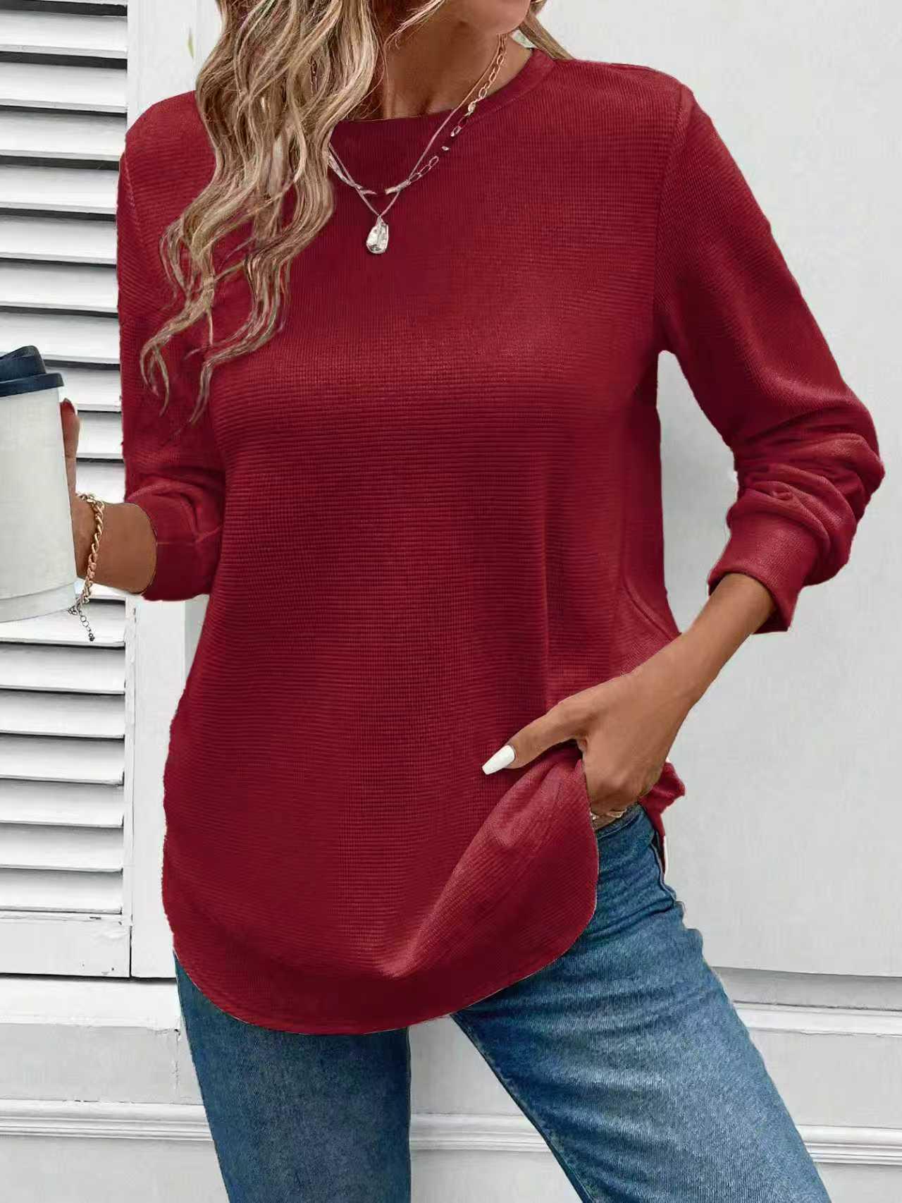 

2026 Stylish Women s Loose Fit Solid Color Round Neck Long Sleeve Hoodie S вино красного