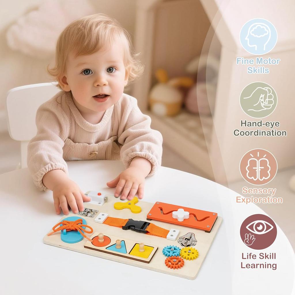 Wooden Busy Board for Toddlers,Montessori 9 In1 Sensory Fine Motor Skills Activity Board, Intelligence Development Toys Gift