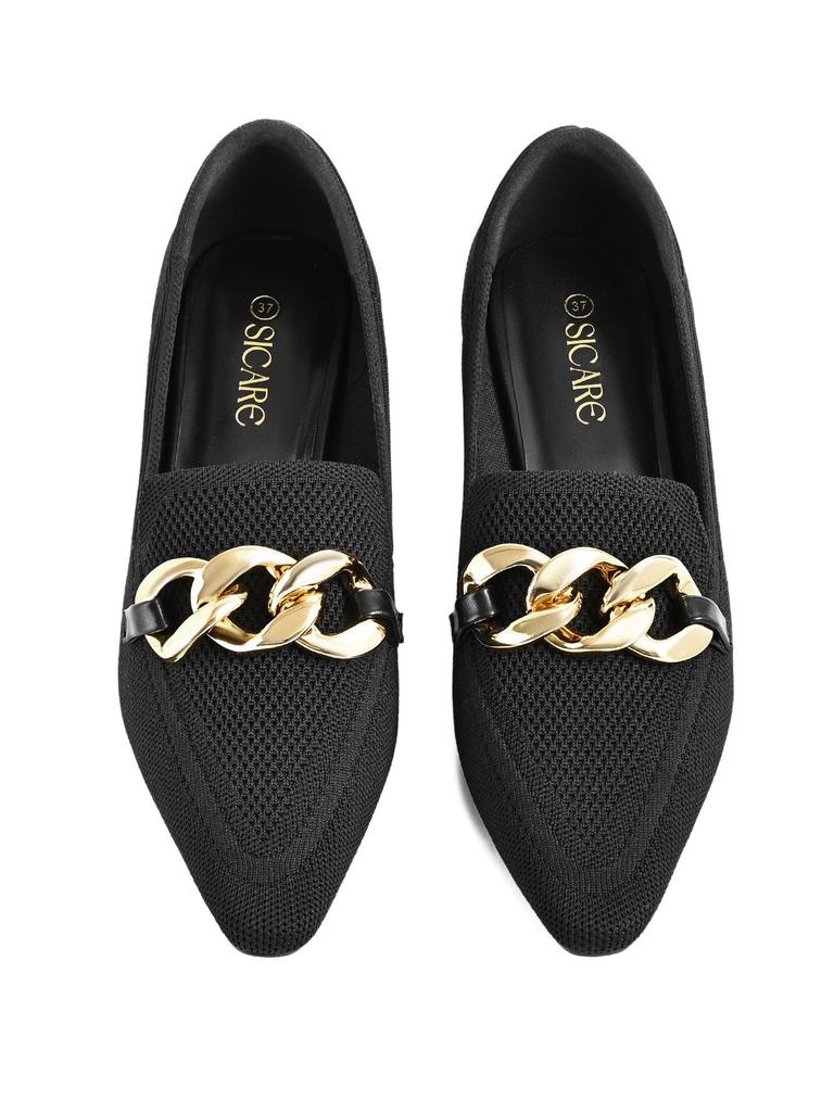 2026 European Style Flyknit Slip-on Loafers with Metal Decoration and Chunky Pointed Toe Heel