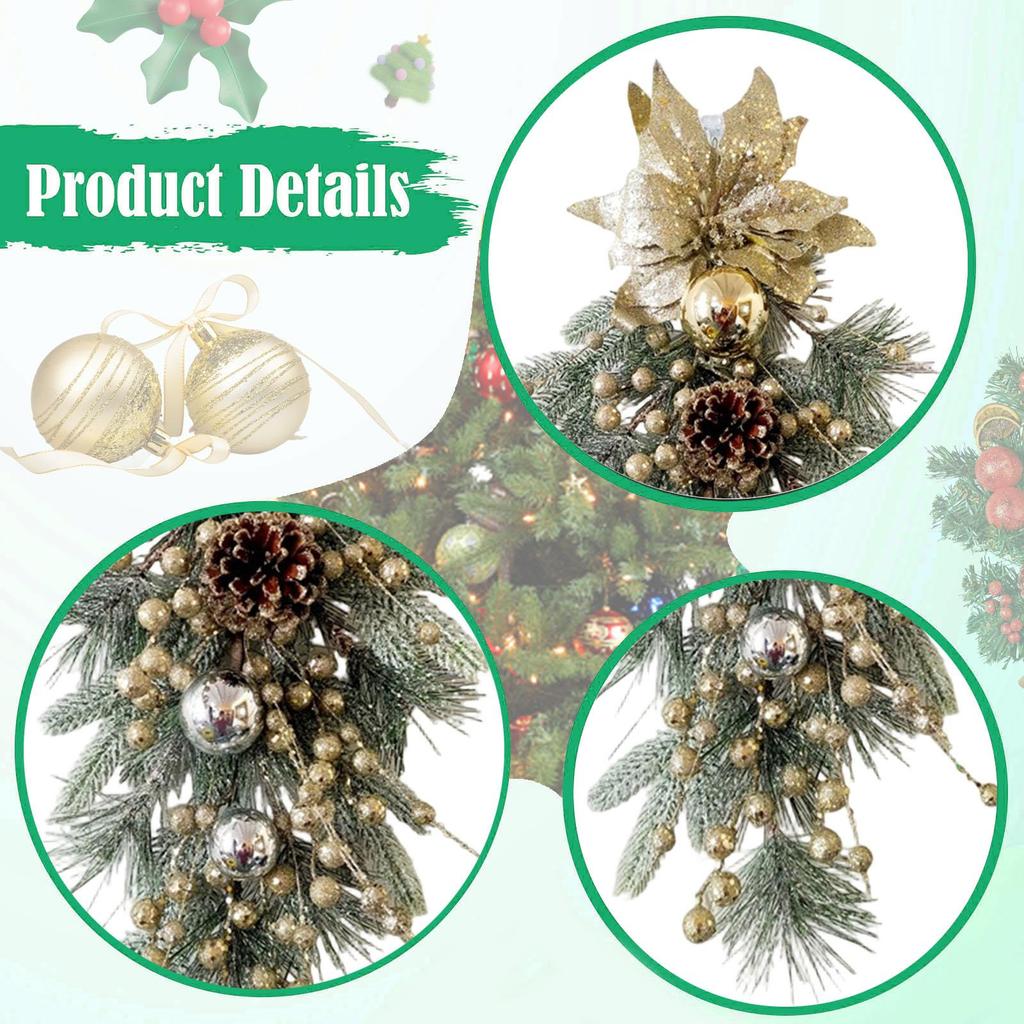 Christmas Teardrop Swag Wreath Green Leaves Christmas Decoration for Front Door for Home Fireplace Holiday Party Garden