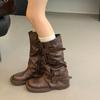 Belt Buckle Sleeve Boots Fashion Round Toe Waterproof Non-slip Block Heel Resistant Mid-leg Boots