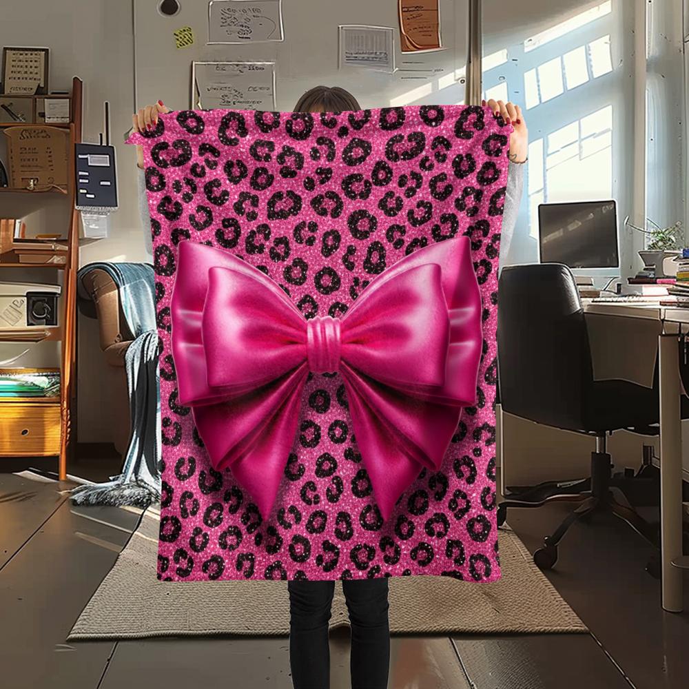 1Pc Pink&Black Bow Print Flannel Blanket, High quality Comfortable for All Seasons, Home Decor, Warmth and Comfort, Perfect for Christmas Gifts W28