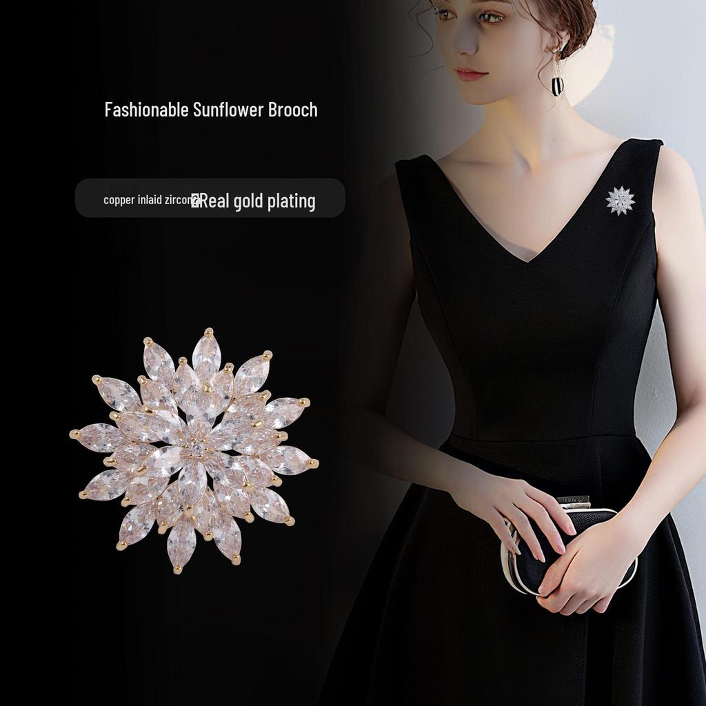 Luxurious Sunflower Brooch with Zirconia Inlay for Women - Premium Suit Lapel Pin.