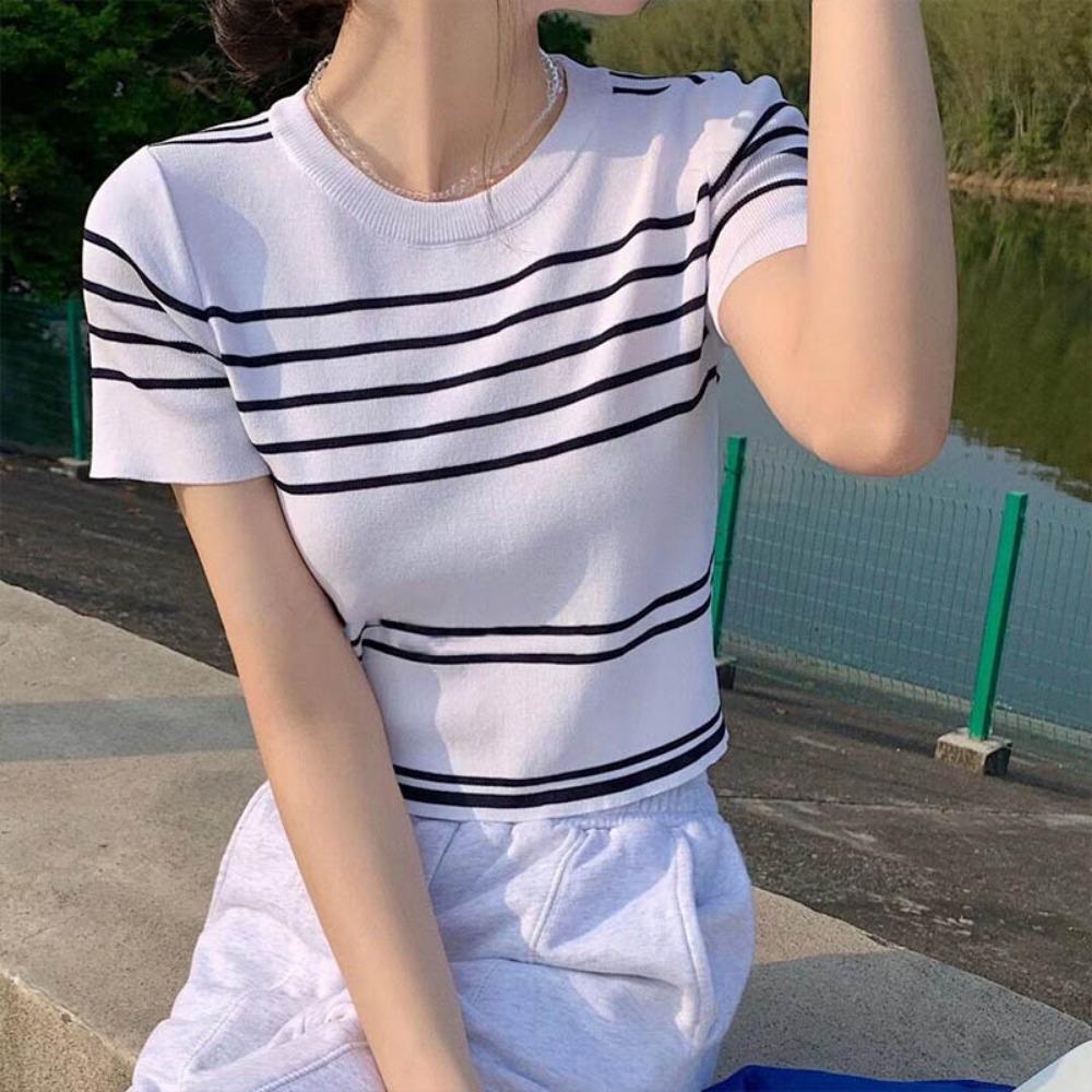Îmbrăcăminte Femei Modă Tricouri Tricotate cu Dungi Mânecă Scurtă Vară Casual Versatile Gât Rotund Subțire Top Doamnă Birou Vintage Tricouri
