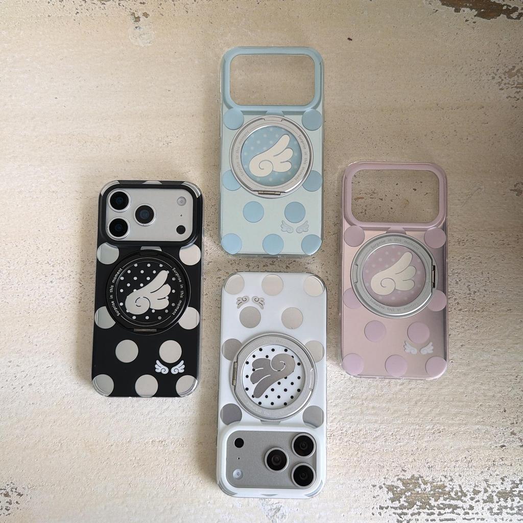 Apple 17 Pro Phone Case with Electroplated Rotating Stand, Fits 16 Pro Max/15 Pro, Polka Dot Korean Style