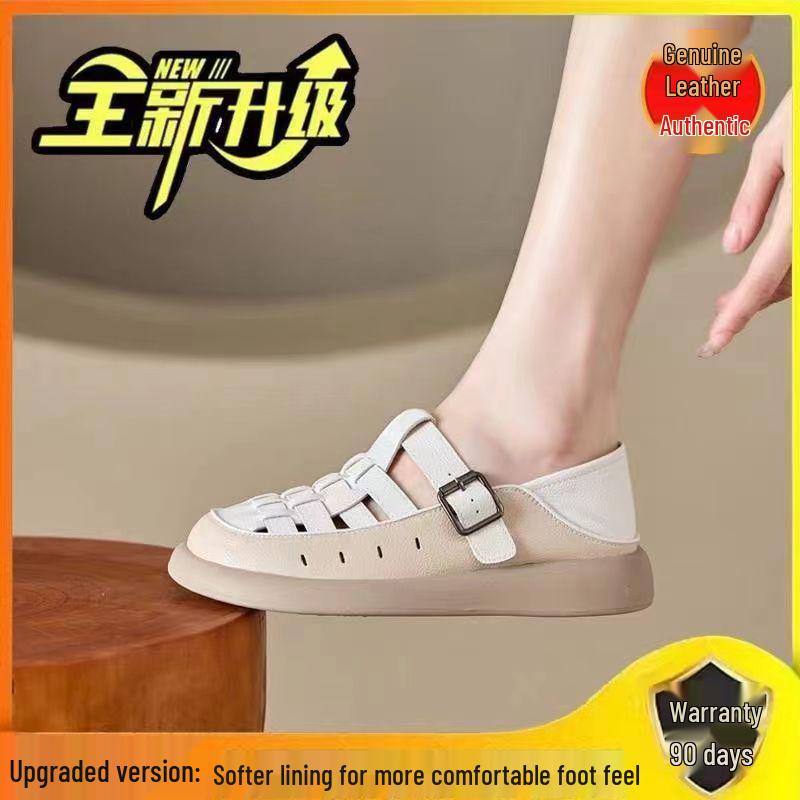 Sandalias Retro de Cuero Suave Transpirable de Punta Cerrada para Mujer Verano 2025