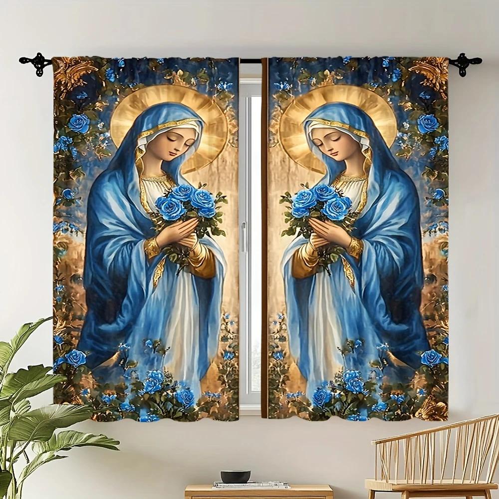 Festival Blue Gold Design Virgin Mary Printed Curtains Home Decoration Room Made Of Polyester