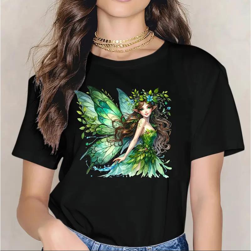 Modna Damska Koszulka Zielona z Nadrukiem Dżina Zabawna Casualowa z Okrągłym Dekoltem i Krótkim Rękawem Letnia Damska