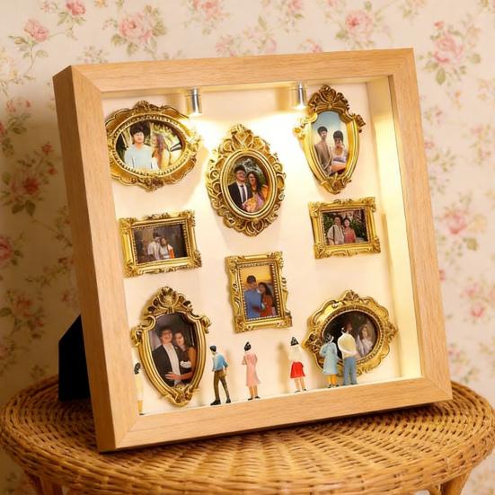 DIY Mini Museum Box with Small Golden Frames Figurines Lamps Photo Frame Shadow Box Family Memory Display Case Home Decoration