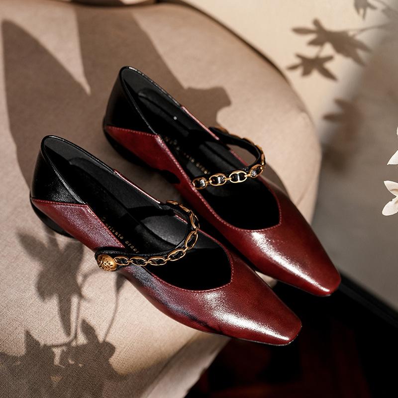 

Овчина с туфлями Мэри Джейн в стиле ретро, женская головная цепочка, одинарные туфли на плоской подошве можно носить с двумя каблуками. 40 бордовый