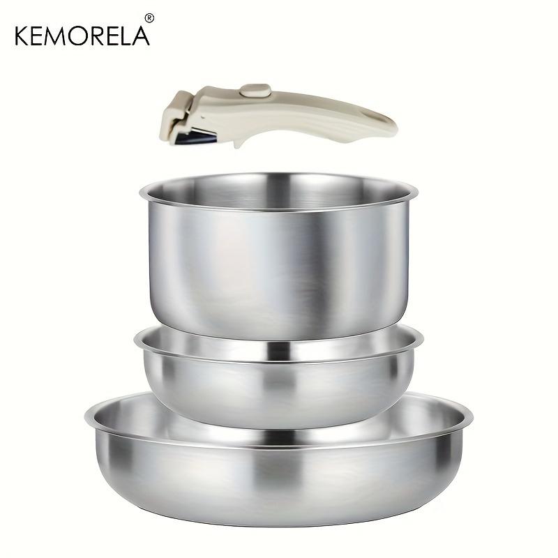 4PCS Stainless Steel Cookware Set - Detachable Handle Pots and Pans Space Saving Induction Induction Cooker and Oven Kitchen Set