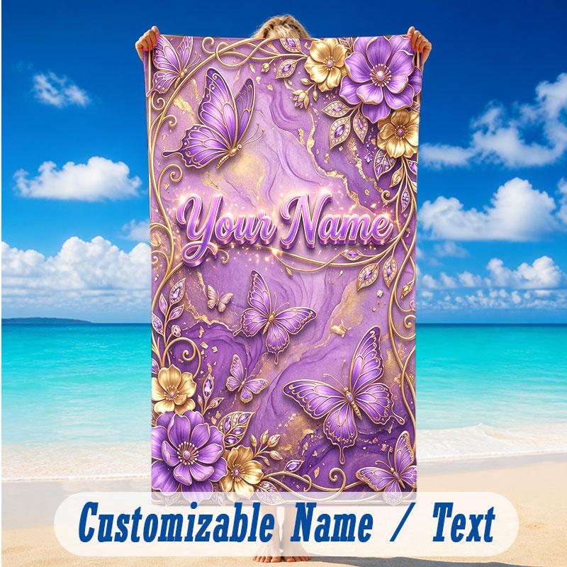 Butterfly Theme Beach Towel Personalized Custom Name & Text Soft Quick Dry Beach Towel for Swimming Travel