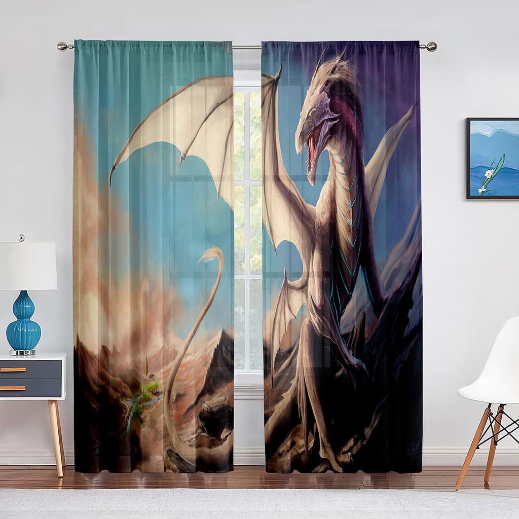 Two Golden Dragon On Red Background Sheer Voile Curtain for Living Room Bedroom Kitchen Transparent Tulle Curtain Window Drape
