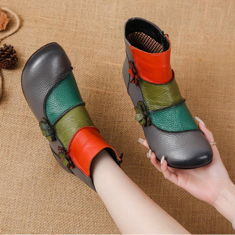 Johnature Ethnic Style Flower Mixed Colors Genuine Leather Women's Versatile Boots Warm Cotton Shoes