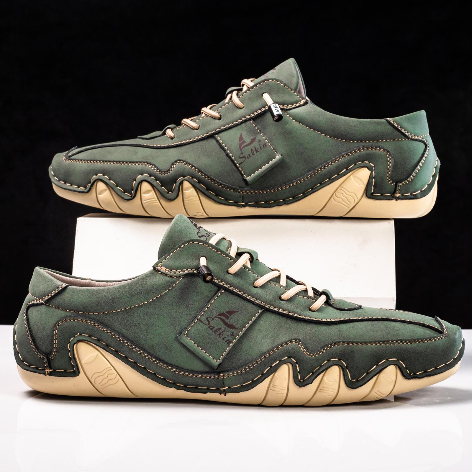 

Мужская обувь ручной работы из кожи, повседневная, с широким носком, обувь для хайкинга, уличная, красная, зеленая, синяя, обувь для вождения, больших размеров 48 темно-зеленого