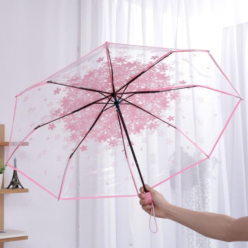 

Cherry Blossom Korean Style Umbrella Cute Literature and Art Fresh Simple Student Trifold Cherry Blossom Transparent Umbrella IRON&8K рожевий