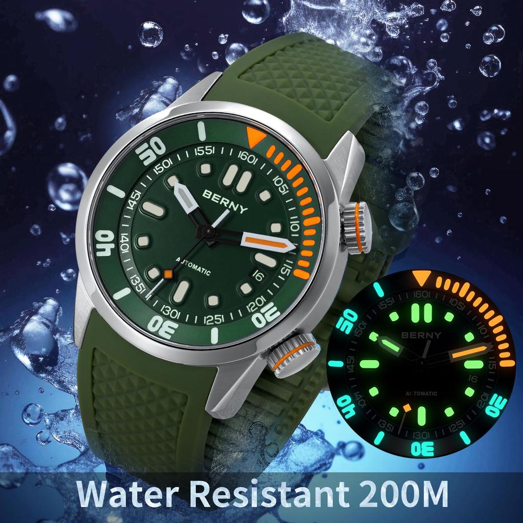 BERNY Men's Mechanical Dive Watch, 20ATM Waterproof, Sapphire Glass, Comfortable Silicone Band, Super Luminous, Automatic & Manual Wind