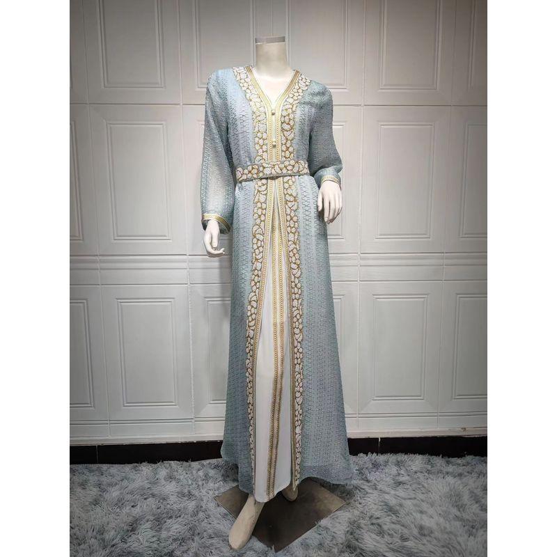 

New Arrival Ethnic Style Diamond-Embedded Rhinestone V Neck Women s Dress + Inner Skirt Two-Piece Suit Two Piece Dress Set Light green M