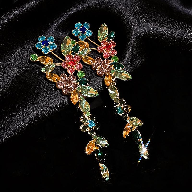 Silver Needle Rhinestone Flower Tassel Stud Earrings - Elegant European & American Design for Women