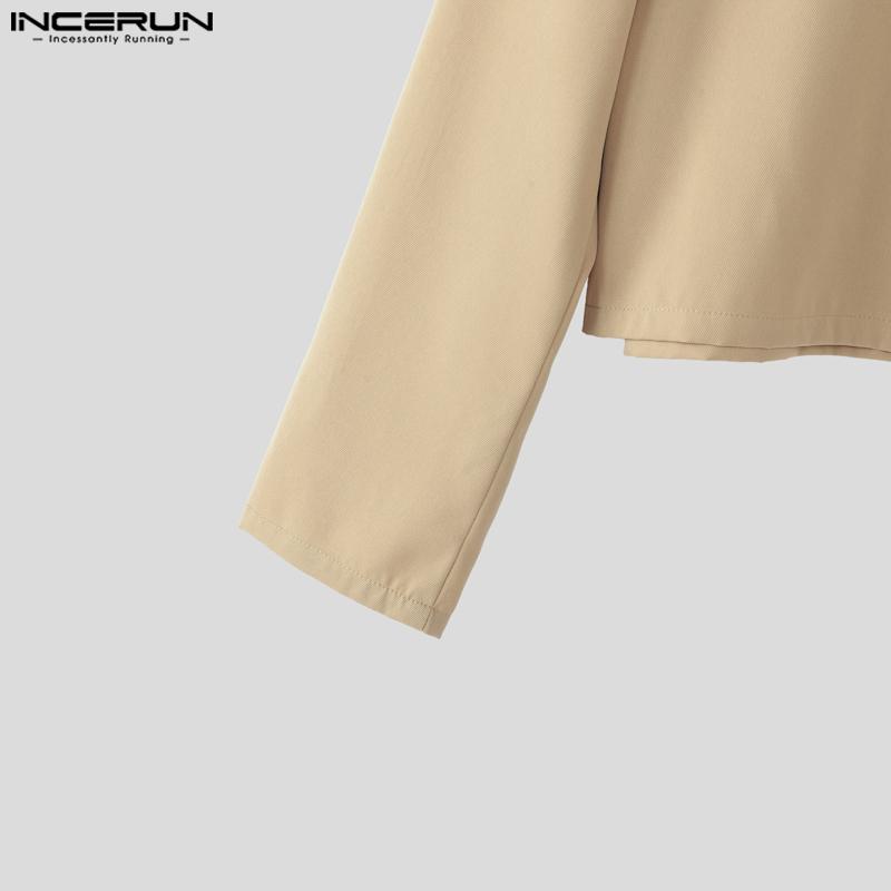INCERUN Men Lapel Long Sleeve Stitching Zipper Up Cropped Jackets Short Coats