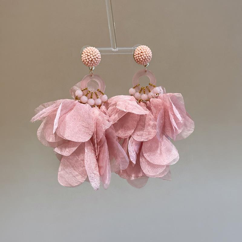 Silver needle crystal resin fabric flower fringed earrings holiday style atmosphere earrings light luxury high-end earrings women