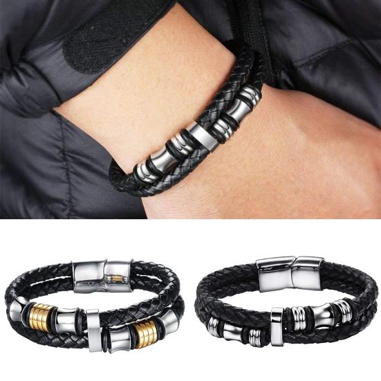 

Мужской двухслойный плетеный браслет из искусственной кожи с магнитной застежкой и бусинами