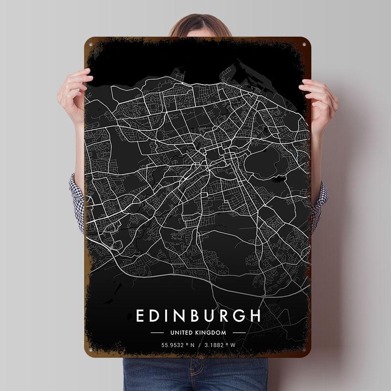 Edinburgh City Map Dark Tinplate Posters Customizable Wall Art Retro Vintage Metal Signs for Home Room Mancave Decoration Gaming