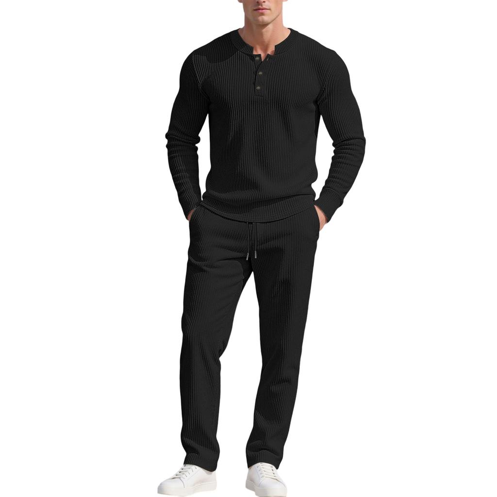 Men  Trend  Fashion  Leisure  Round Neck  Button  Upper Garment  Trousers  Set