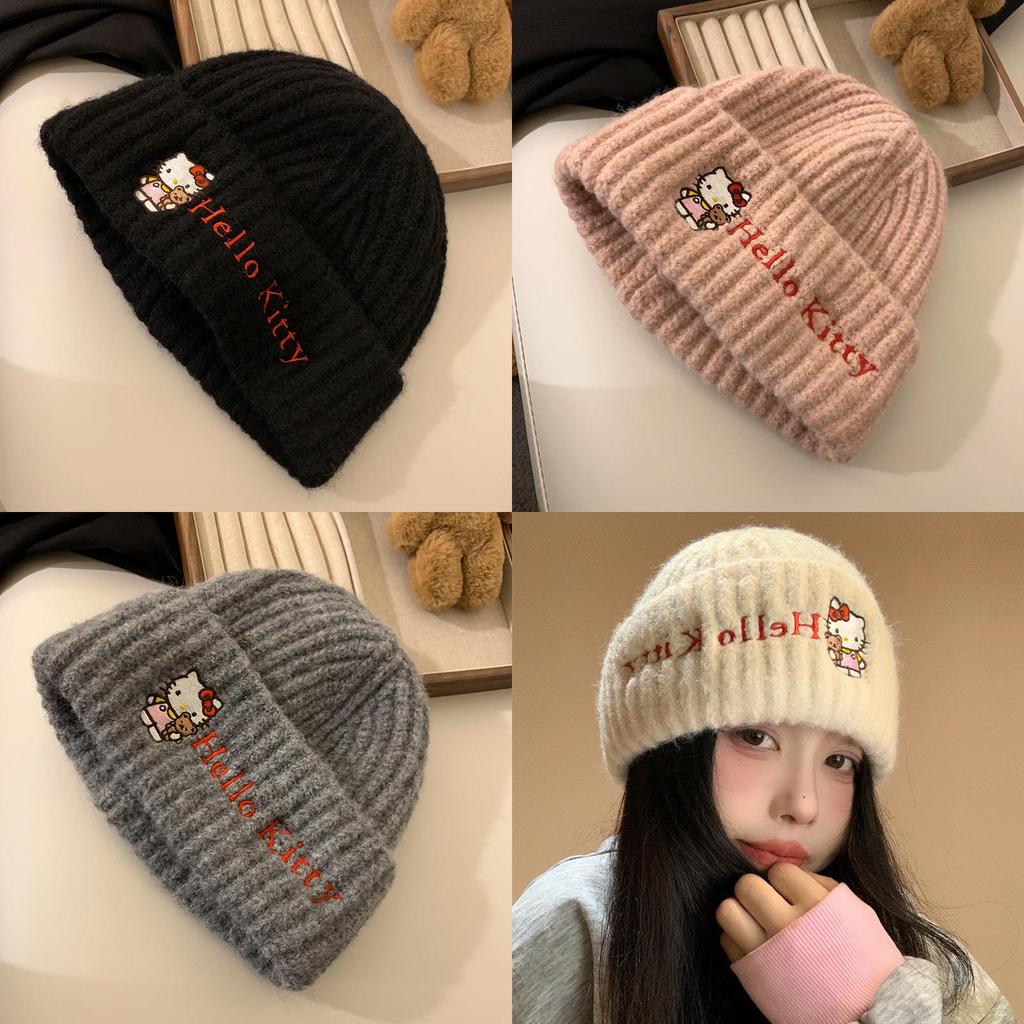 Hellokitty Knit Hat For Girls Cute Cartoon Warm Ear Protection Street Dance Accessory