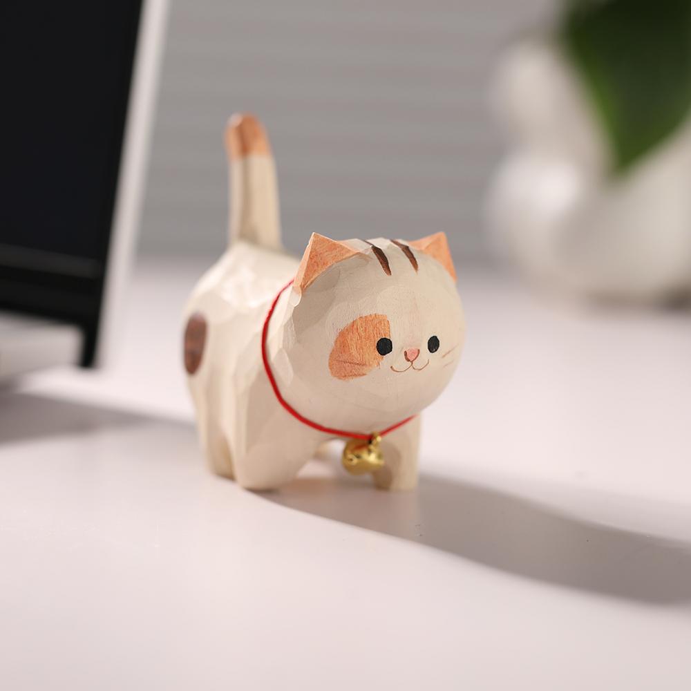 Christmas Decorations Handmade Wood Carving Kitten Ornaments Small Animal Desktop Wood Cat Decoration Crafts Birthday Gift