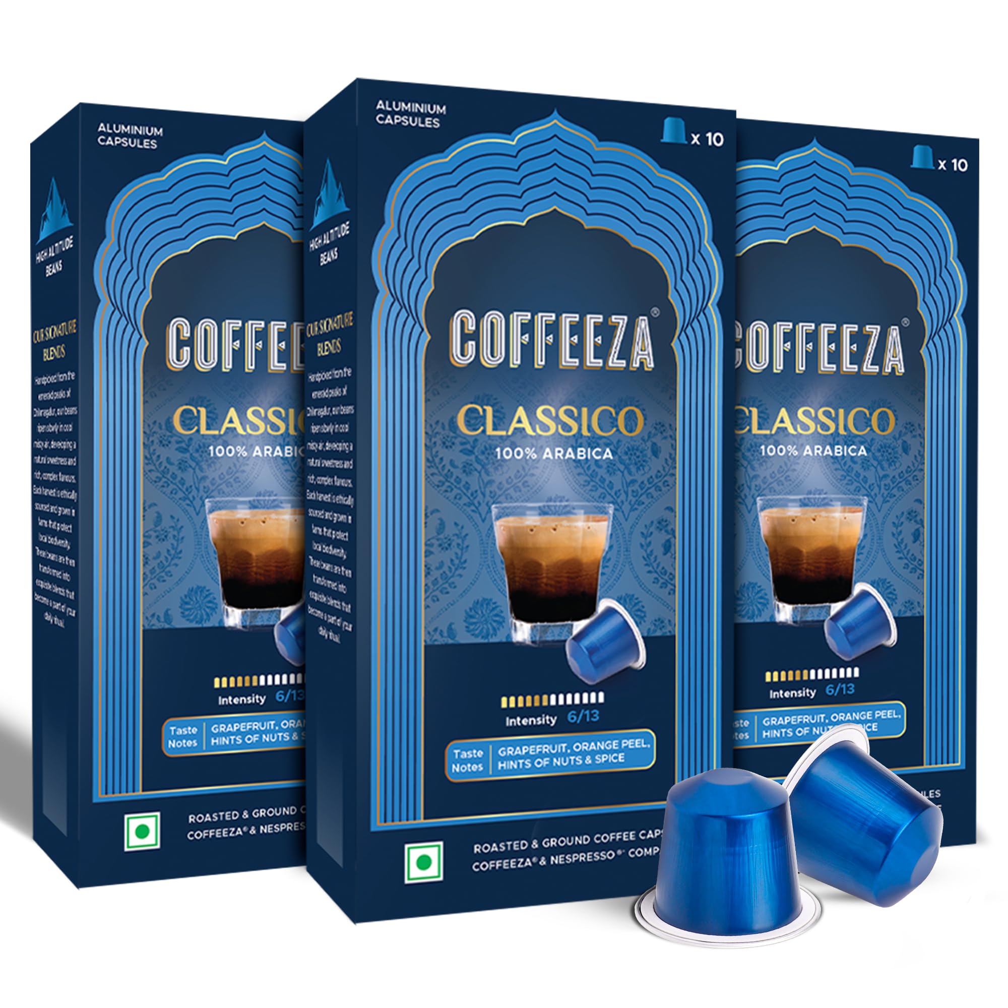 COFFEEZA Classico Aluminium Coffee Capsules, Intensity - 6 |100% Arabica | Nespresso Compatible Coffee Pods | Box of 3 (30 Capsules),260 G