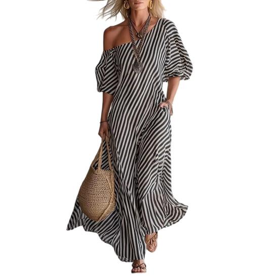 Damen Gestreiftes Off-Shoulder Maxikleid Kurzarm Lässig Party Cocktailkleid Sommer Strandurlaub Fließendes Kleid