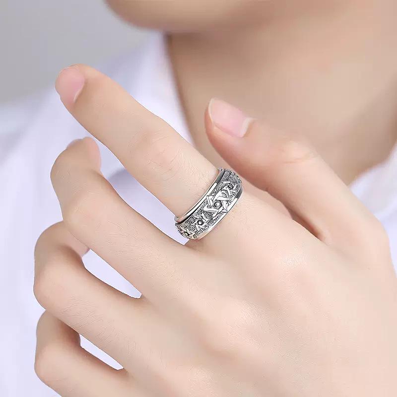 Rotatable S925 Silver Ring for Men Vintage Retro Stars Auspicious Cloud Couple Band Women Index Finger Accessories