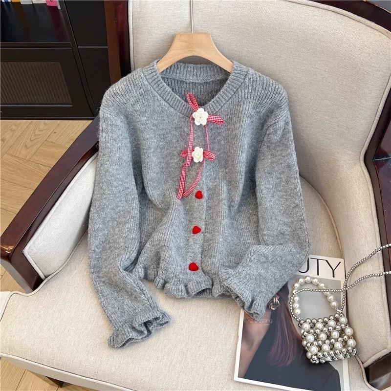 Women Korean Sweet Style Bowknot Knit Cardigan With Lace Trim And Heart Buttons Autumn Winter