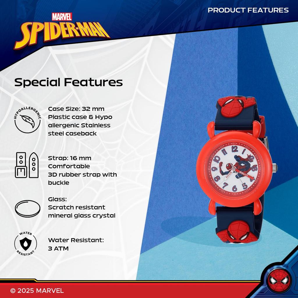 MARVEL Jungen Analog Quarz Uhr mit Kunststoff 16 Spider-Man Armband, Blau, (Modell WMA000161)