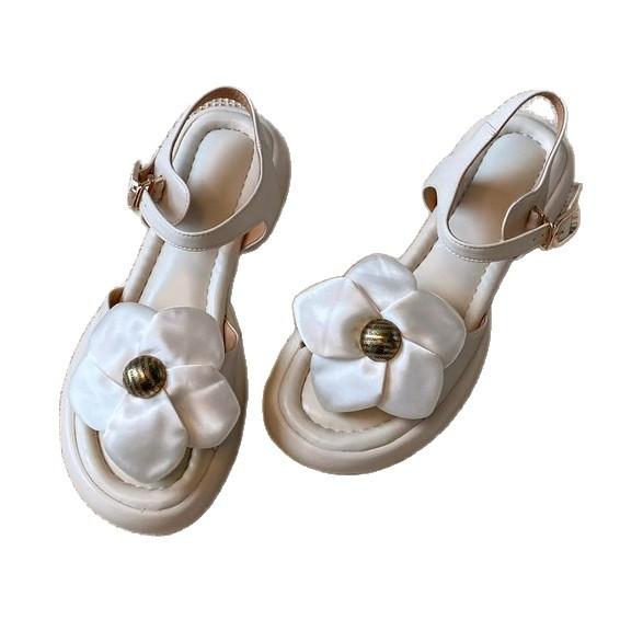 Weiche Lederversion! Sommer mit Rock, Sandalen, Metallblumen, schwarzer runder Spitze, Ein-Wort-Schnallenriemen, dicker Absatz Römerschuhe.