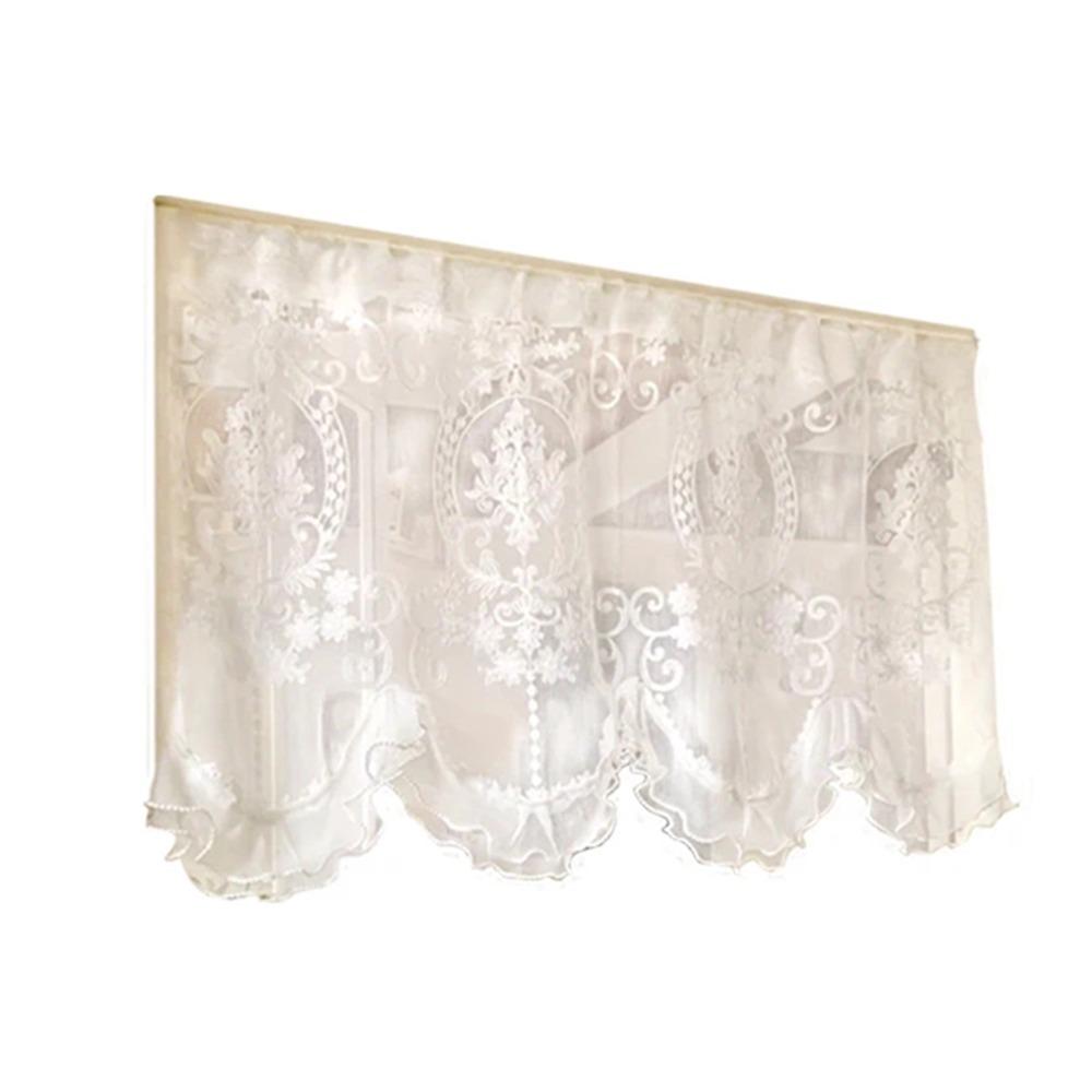 Wavy Edge Beaded Half Yarn Drapes Double Pearls Lace Bottom Floral Short Tulle Drapery  Door