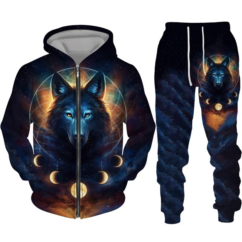 Men's Zipper Hoodie Set 3D Printed Animal Wolf Sportswear/Pants Casual Street Long Sleeve Loose Spring Autumn 2 Piece Set